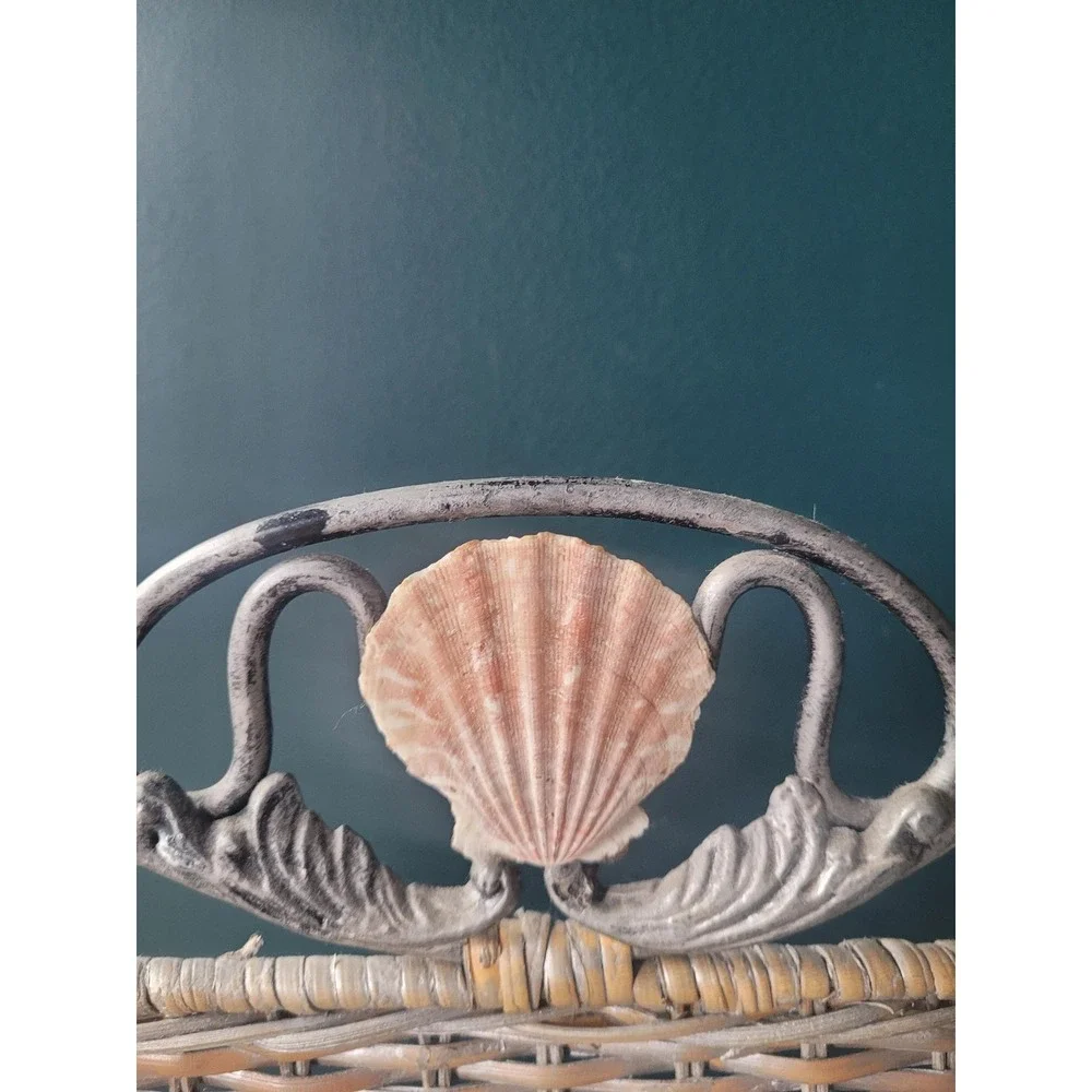 Coastal Wicker & Metal Two-Tier Shelf | French Country Cottage Decor Seashell